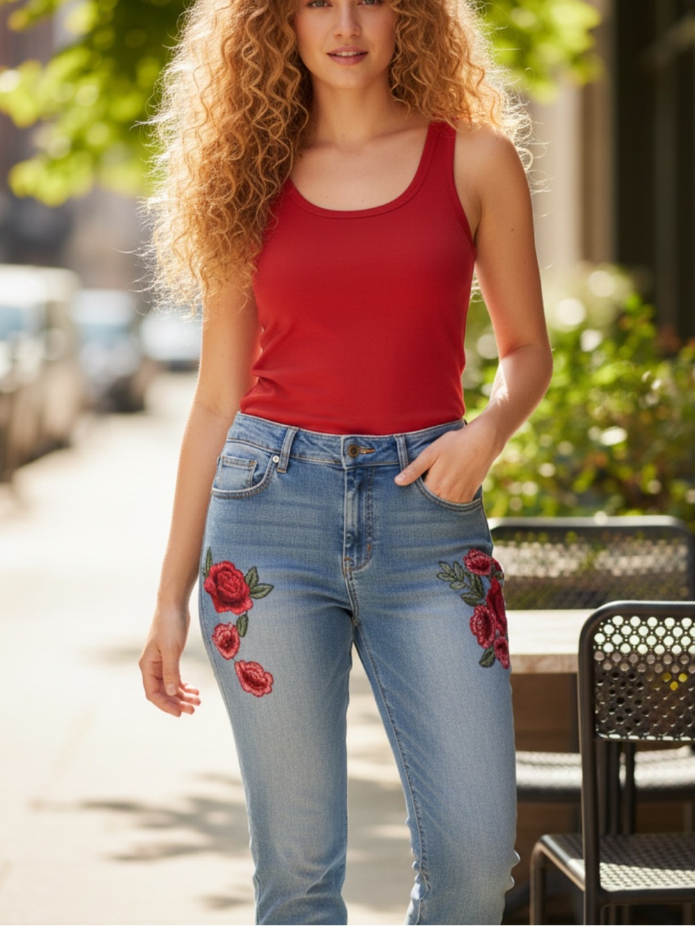 A.N.A- Light Wash Cropped Jeans 👖 with Red Rose Embroidery